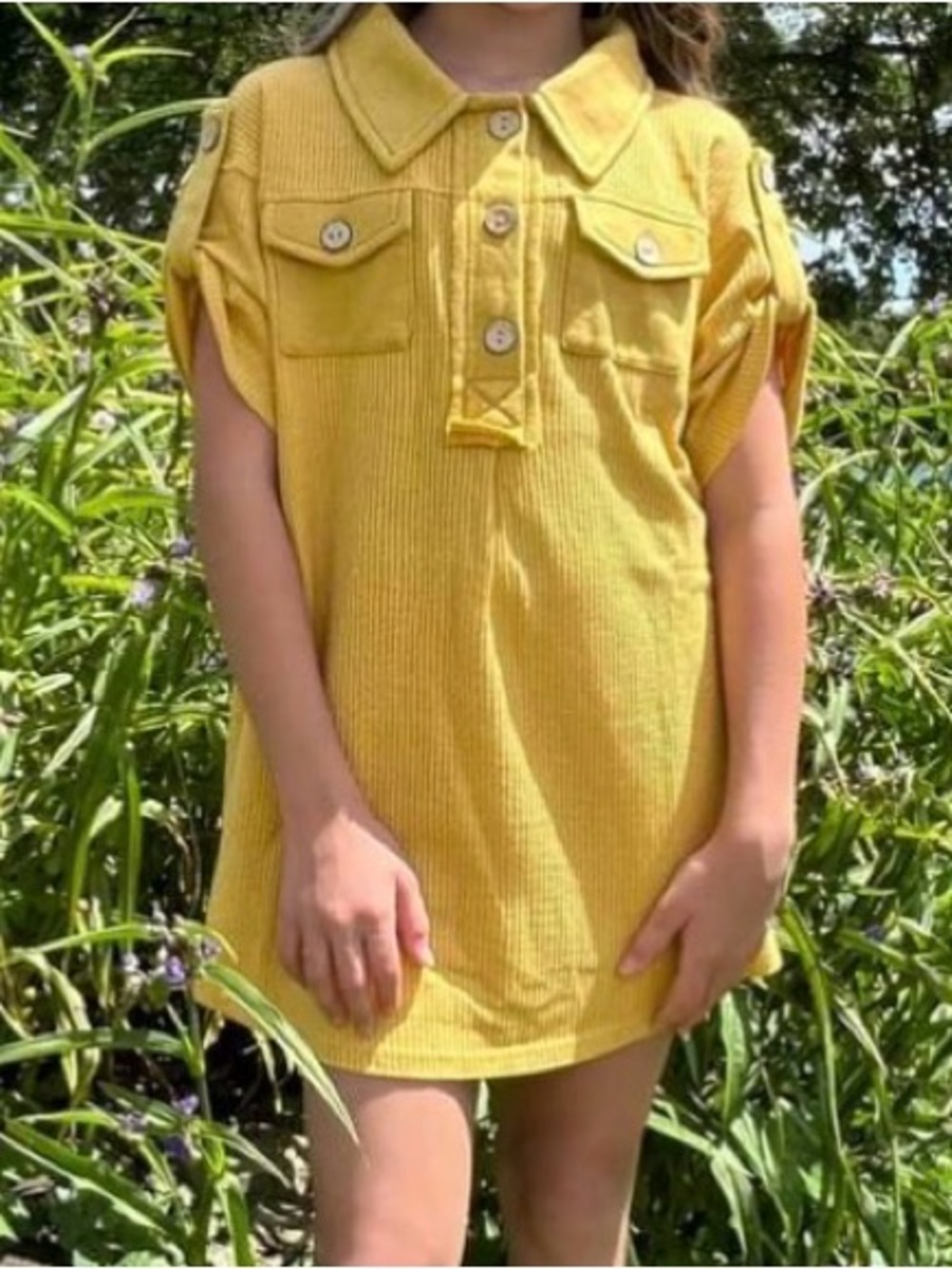 NWT [Oddy] Waffle Button Front Pockets Shirt Dress Gold Girls Multiple Sizes - Picture 4 of 10
